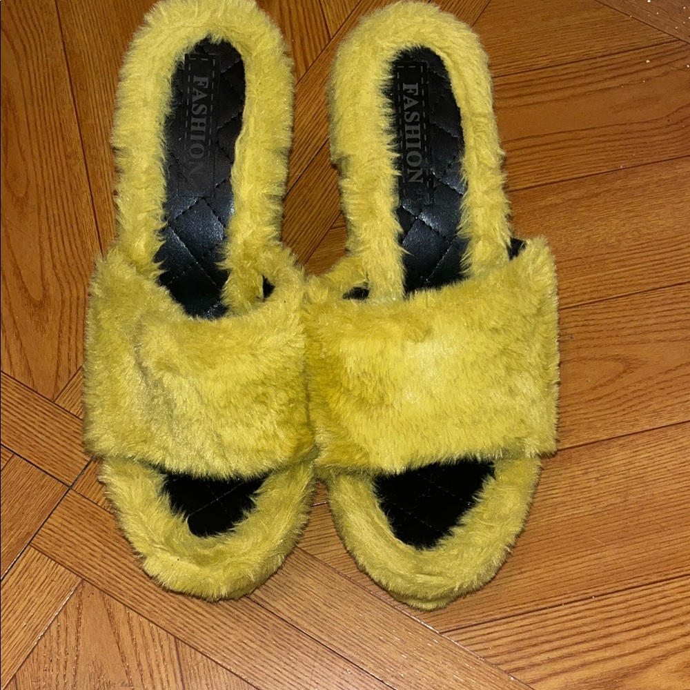 Yellow Fuzzy Slide Sandals